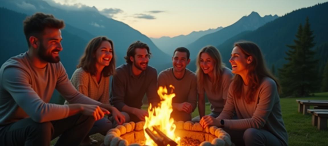 Stimmungsvolles Grillfeuer mit Freunden in Schweizer Landschaft
